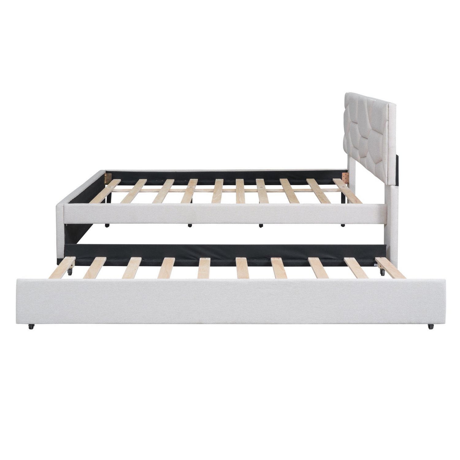 Upholstered platform bed with brick-pattern headboard and trundle in linen fabric by Start2Finish, shown in a modern bedroom setting.