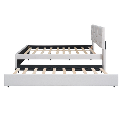 Upholstered platform bed with brick-pattern headboard and trundle in linen fabric by Start2Finish, shown in a modern bedroom setting.