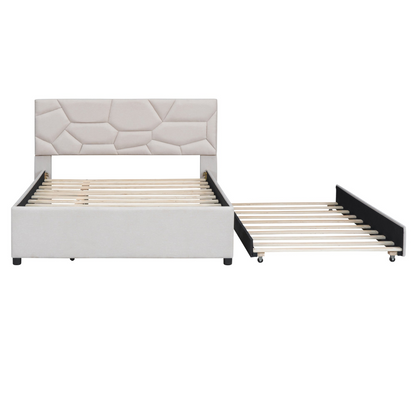 Upholstered linen platform bed with brick-pattern headboard and trundle, in neutral tones, showcasing its stylish and functional design.