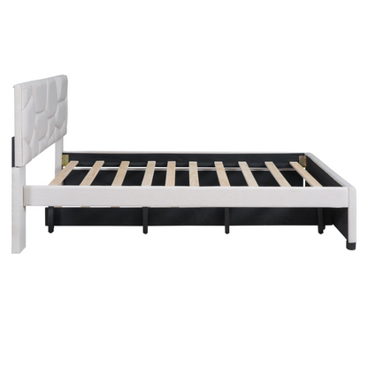 Start2Finish upholstered platform bed with brick-patterned fabric headboard and trundle, featuring linen upholstery and modern design.