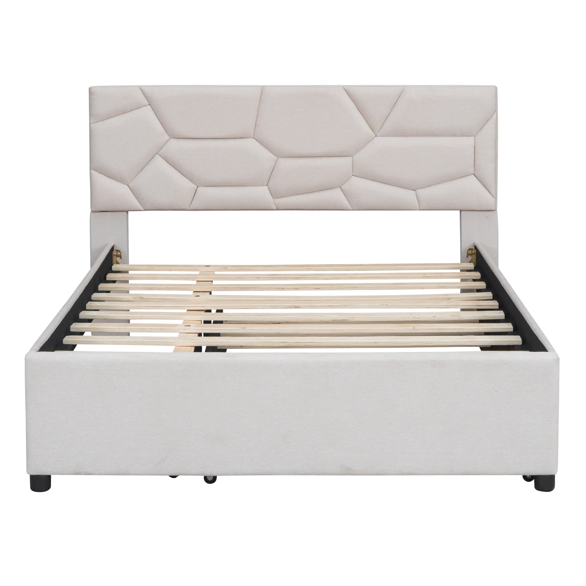 Start2Finish upholstered platform bed with brick-patterned headboard, linen fabric, and built-in trundle for versatile sleeping options.