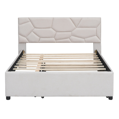 Start2Finish upholstered platform bed with brick-patterned headboard, linen fabric, and built-in trundle for versatile sleeping options.