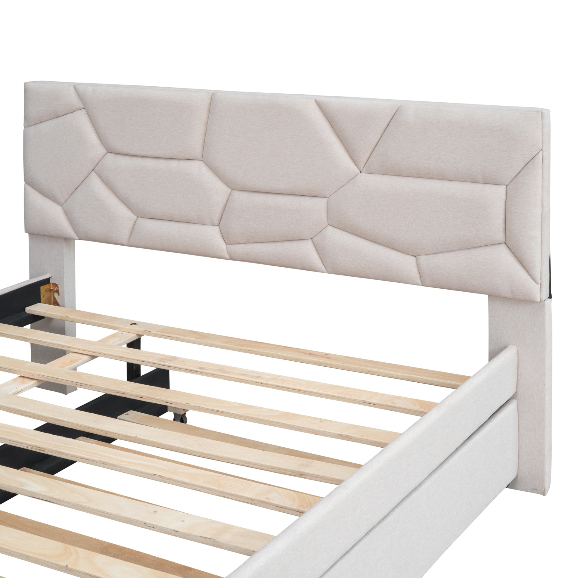 Start2Finish upholstered platform bed with brick-patterned linen fabric headboard and integrated trundle, modern bedroom furniture.
