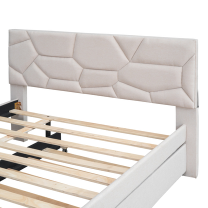 Start2Finish upholstered platform bed with brick-patterned linen fabric headboard and integrated trundle, modern bedroom furniture.
