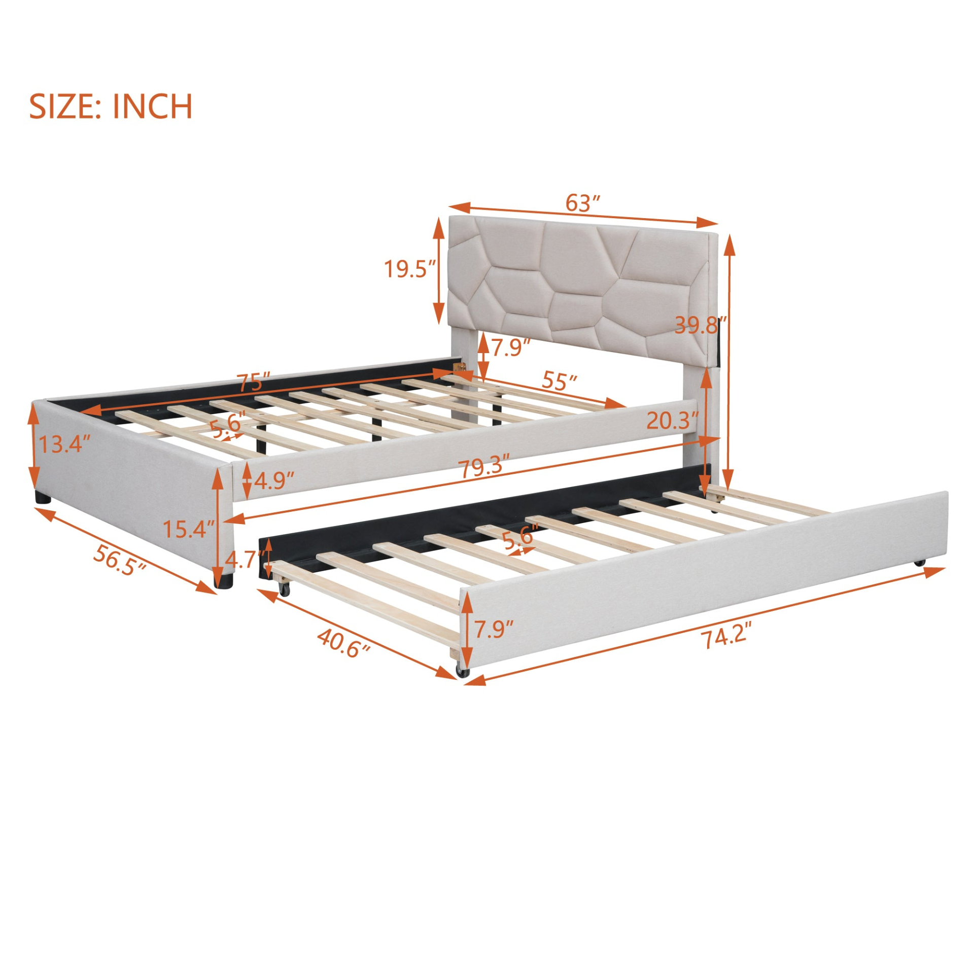 Start2Finish upholstered platform bed with brick pattern headboard, linen fabric, and trundle for a stylish bedroom setup.
