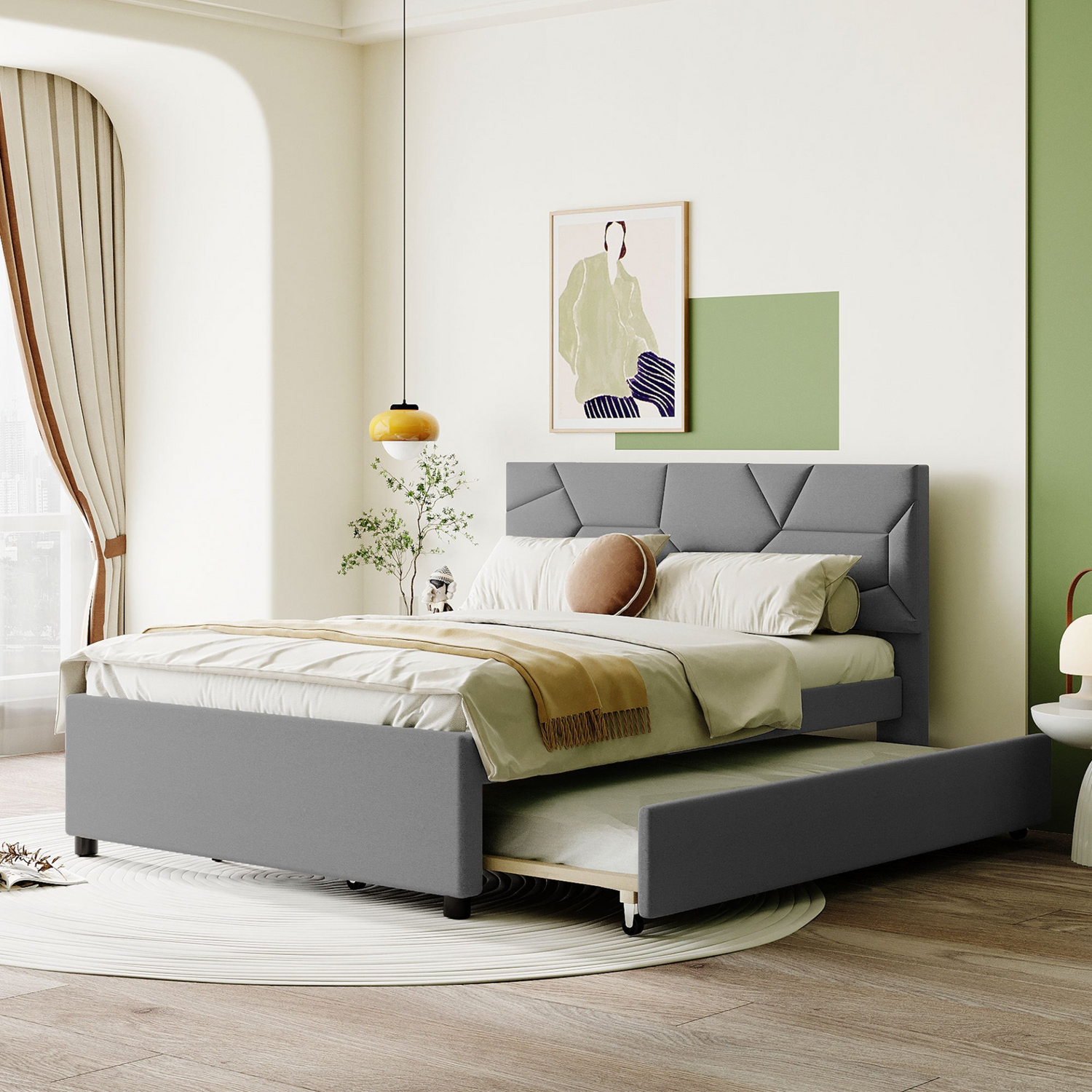 Start2Finish upholstered platform bed with brick-patterned linen headboard and trundle, showcasing plush fabric and modern design.