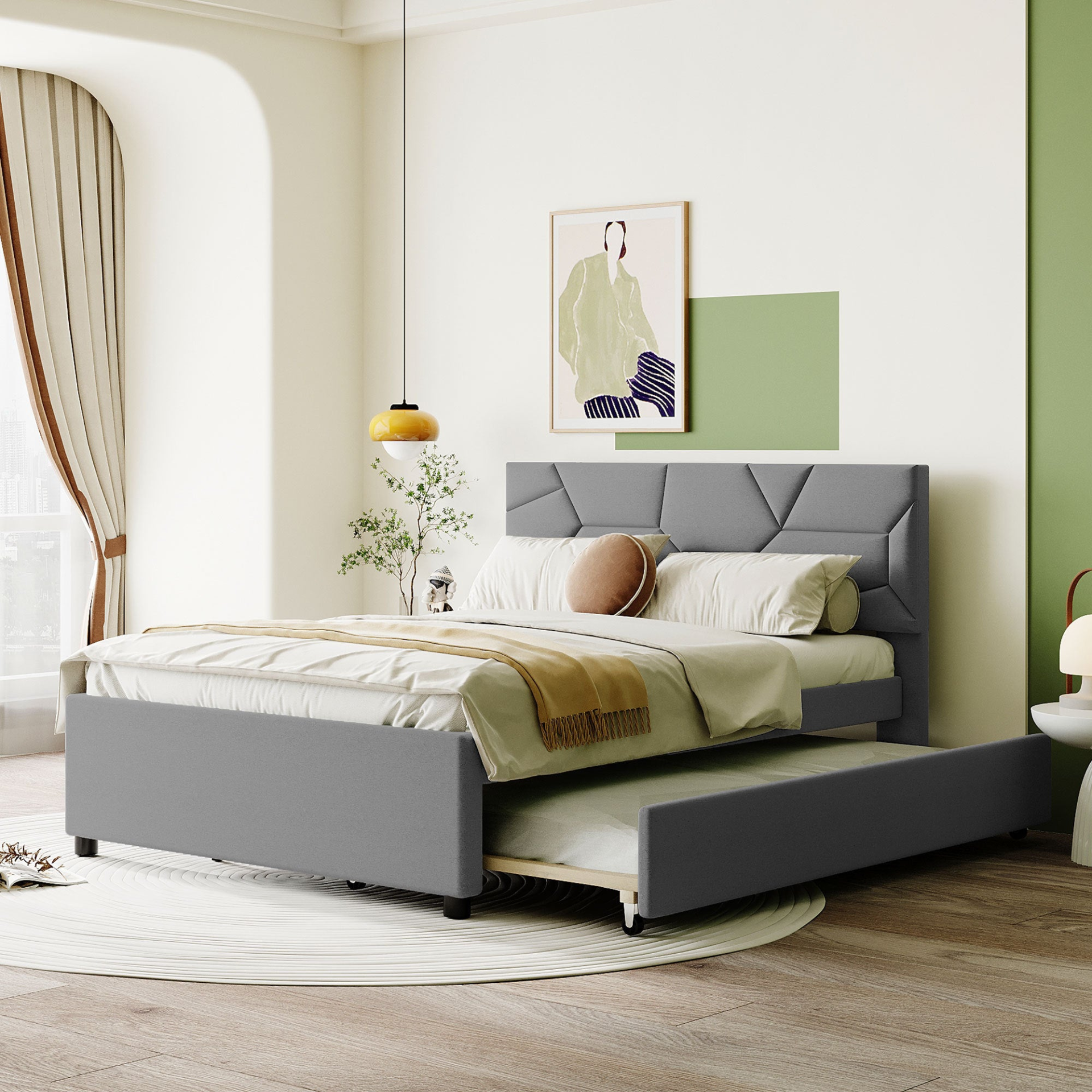 Start2Finish upholstered platform bed with brick-patterned linen headboard and trundle, showcasing plush fabric and modern design.