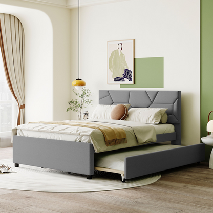 Start2Finish upholstered platform bed with brick-patterned linen headboard and trundle, showcasing plush fabric and modern design.