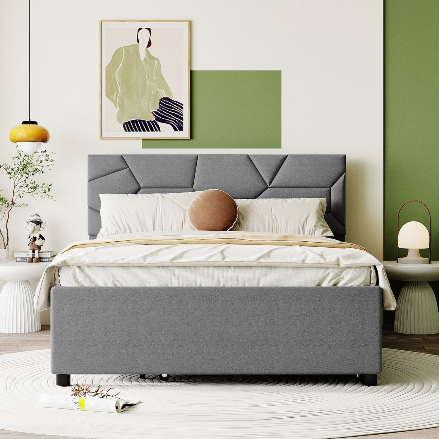 Start2Finish upholstered platform bed with brick-patterned headboard, linen fabric, and built-in trundle for versatile sleeping options.