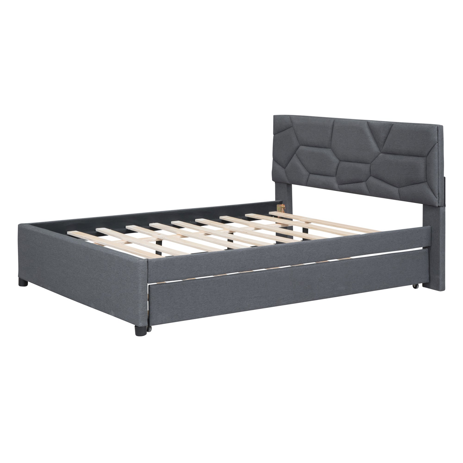 Start2Finish upholstered platform bed with brick-patterned headboard, linen fabric, and trundle for comfortable bedroom style.