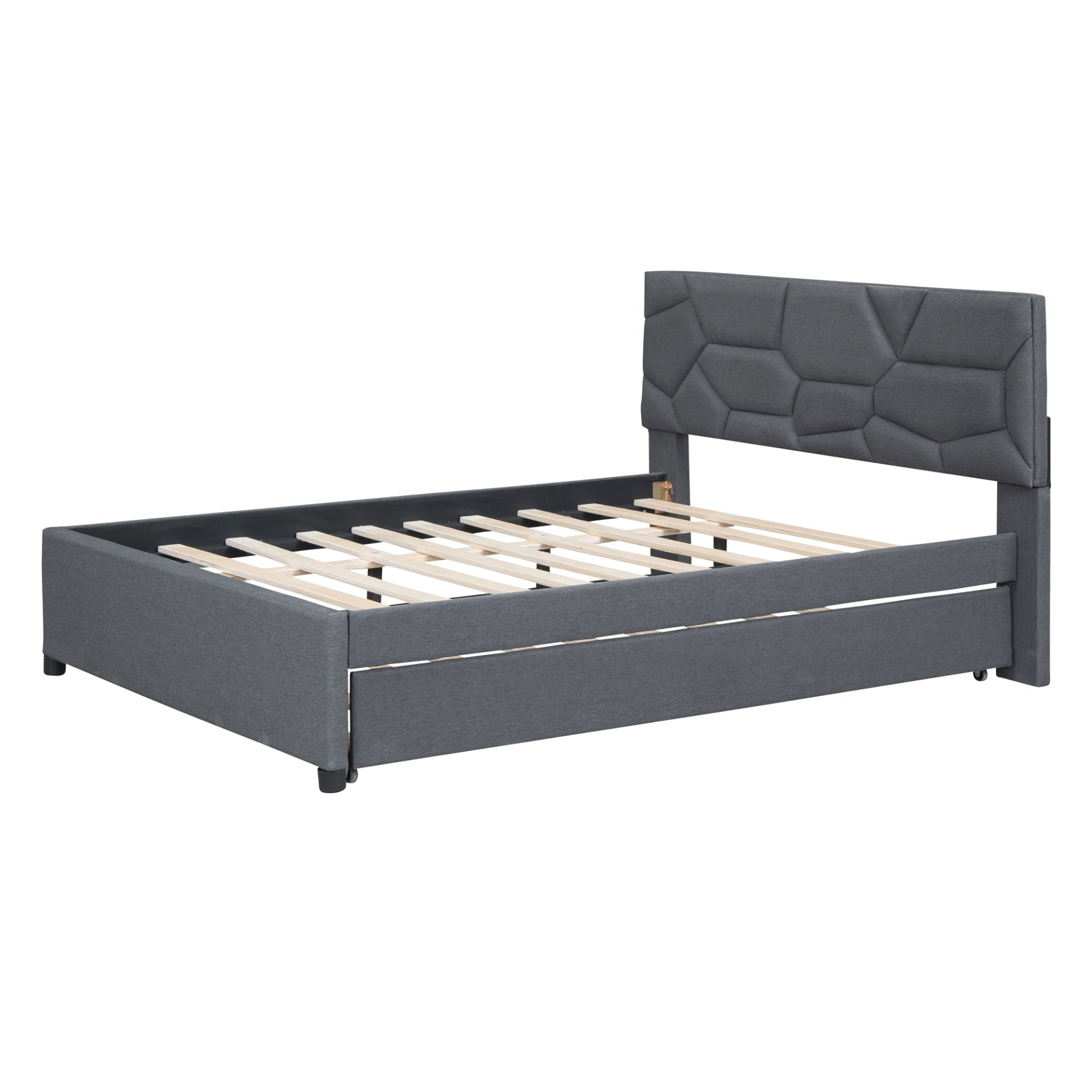 Start2Finish upholstered platform bed with brick-patterned headboard, linen fabric, and trundle for comfortable bedroom style.