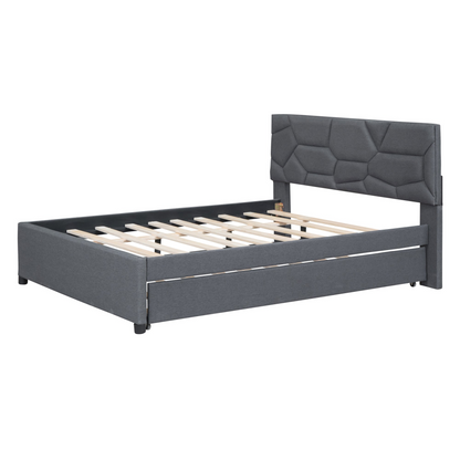 Start2Finish upholstered platform bed with brick-patterned headboard, linen fabric, and trundle for comfortable bedroom style.