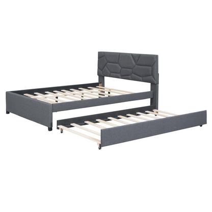 Start2Finish upholstered platform bed with brick-patterned linen headboard and pull-out trundle for a stylish bedroom look.
