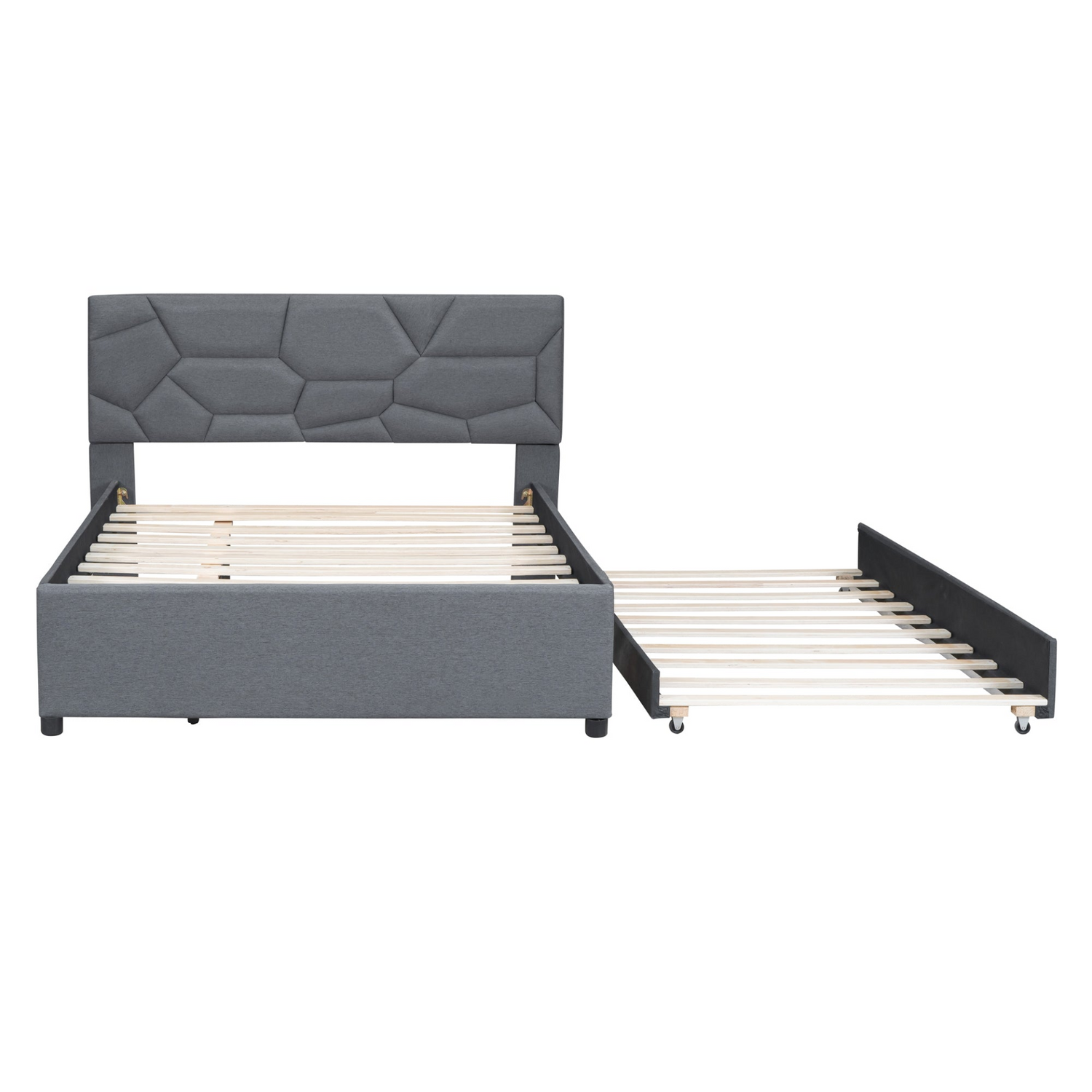 Start2Finish upholstered platform bed with brick pattern headboard, linen fabric, and trundle for versatile bedroom style.