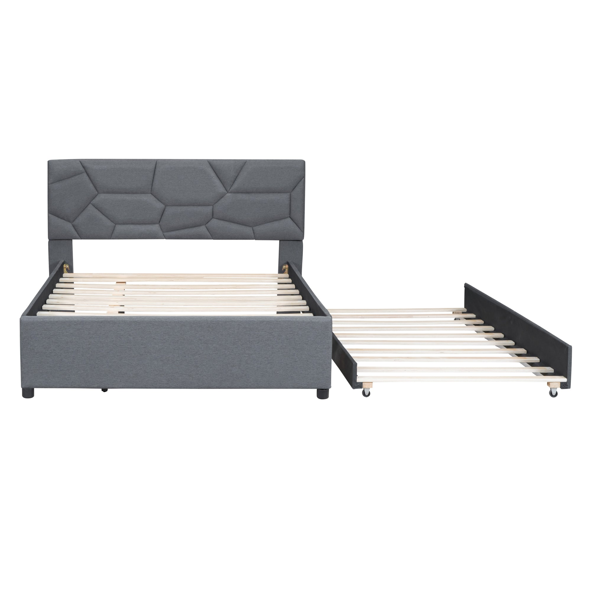 Start2Finish upholstered platform bed with brick pattern headboard, linen fabric, and trundle for versatile bedroom style.