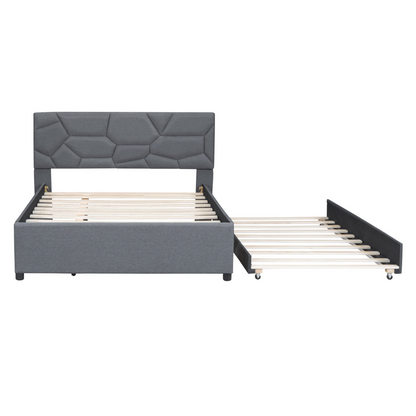 Start2Finish upholstered platform bed with brick pattern headboard, linen fabric, and trundle for versatile bedroom style.