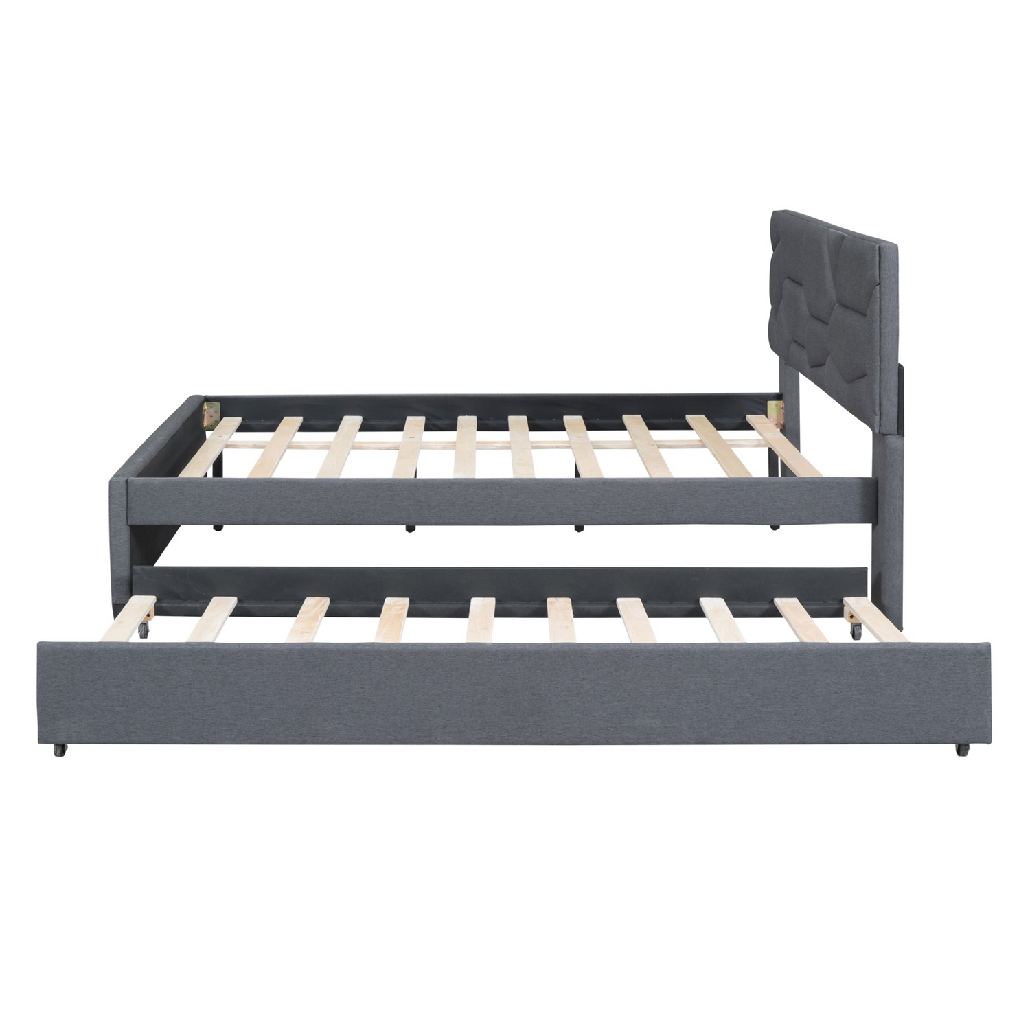Start2Finish upholstered platform bed with brick pattern headboard and trundle in linen fabric, showcasing the stylish and cozy bedroom setup.