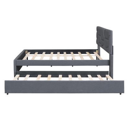 Start2Finish upholstered platform bed with brick pattern headboard and trundle in linen fabric, showcasing the stylish and cozy bedroom setup.