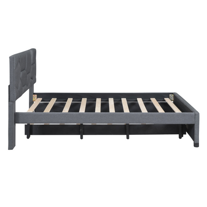 Start2Finish upholstered platform bed with brick-pattern headboard, linen fabric, and trundle for comfortable, stylish bedroom sleep space.