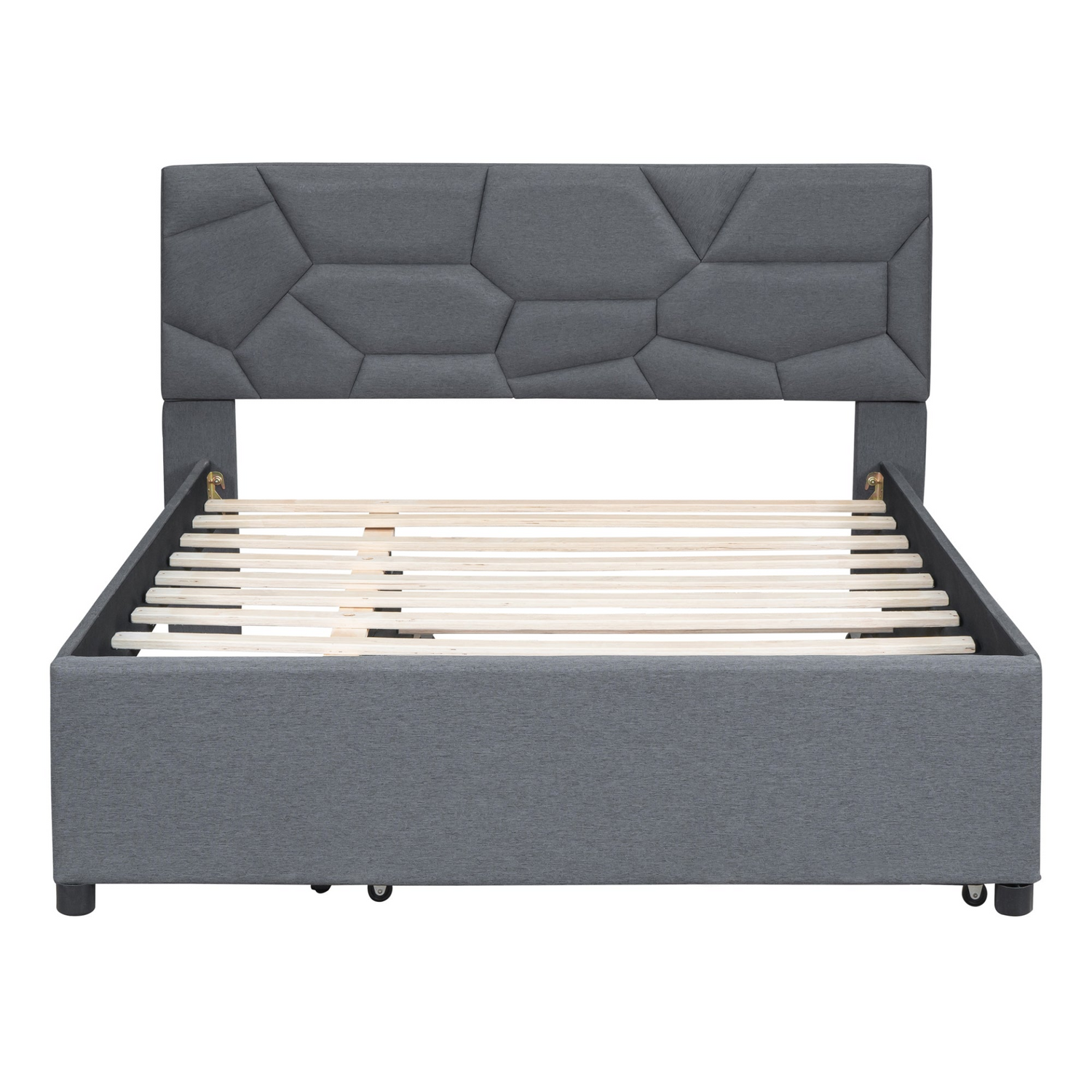Start2Finish upholstered platform bed with brick-patterned headboard, trundle, and linen fabric for a modern bedroom look.