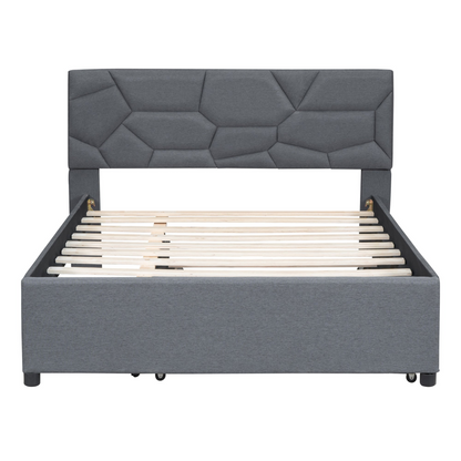 Start2Finish upholstered platform bed with brick-patterned headboard, trundle, and linen fabric for a modern bedroom look.