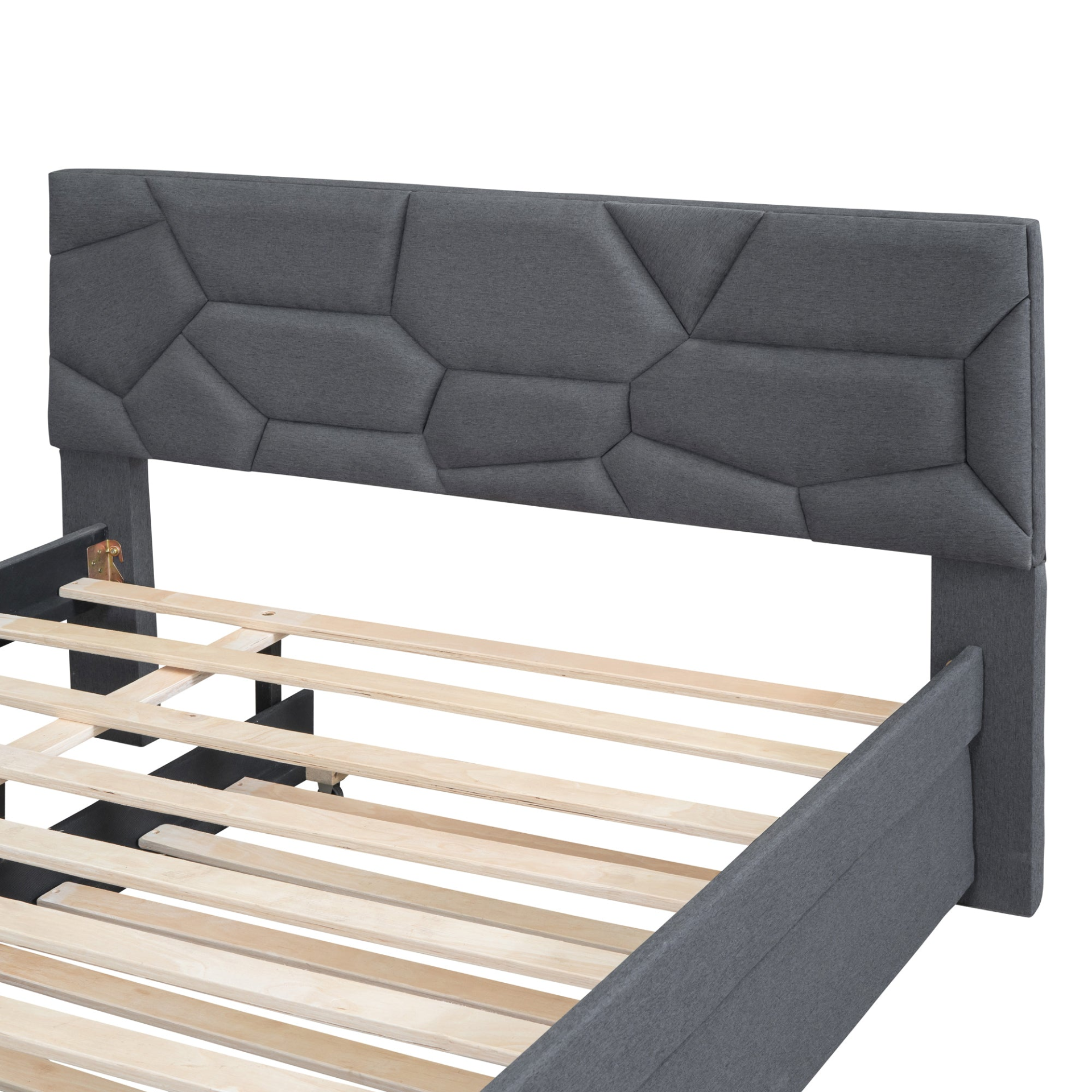 Start2Finish upholstered platform bed with brick-pattern headboard, trundle, linen fabric, modern design, and comfortable sleeping surface.