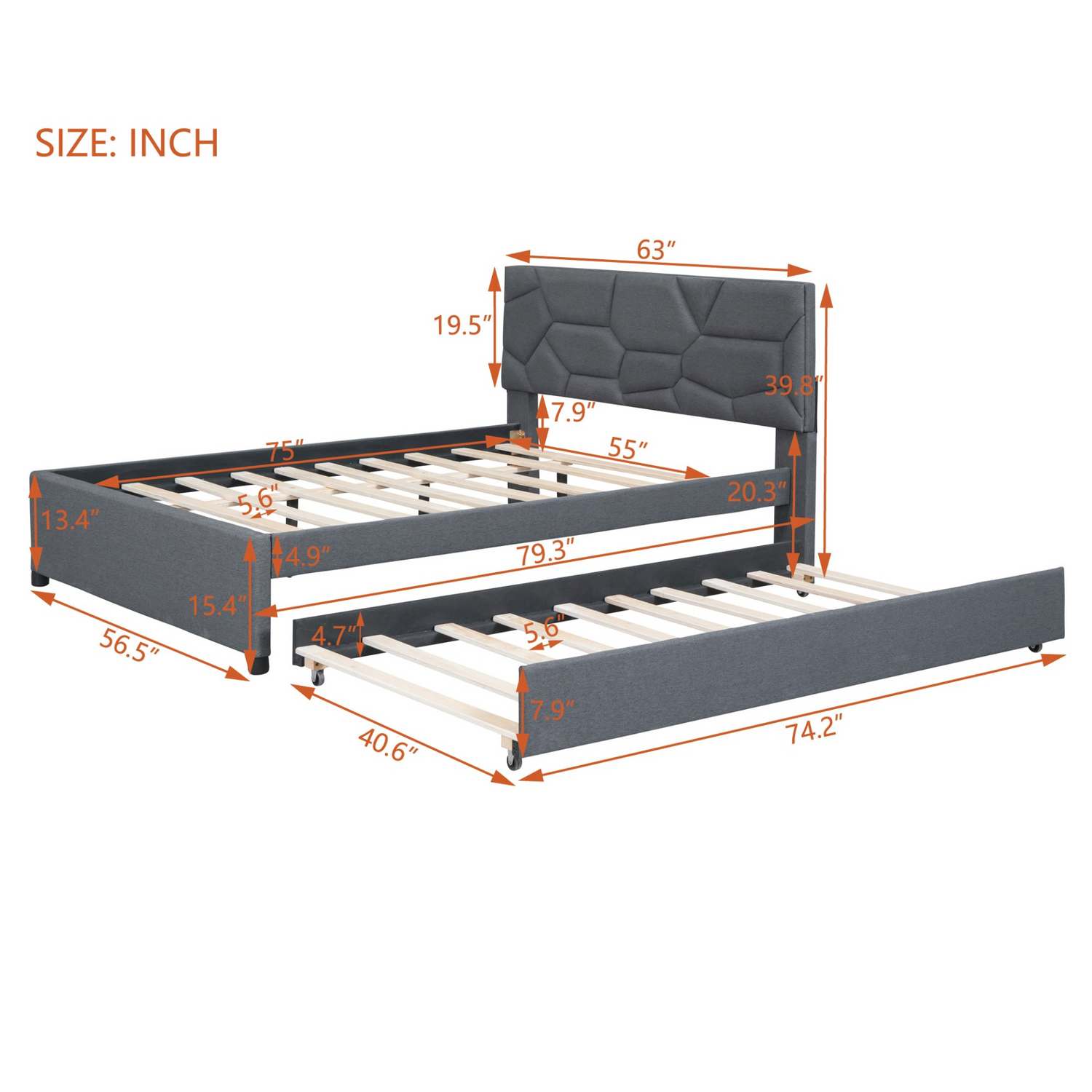 Start2Finish upholstered platform bed with brick pattern headboard, linen fabric, and built-in trundle for versatile sleeping options.
