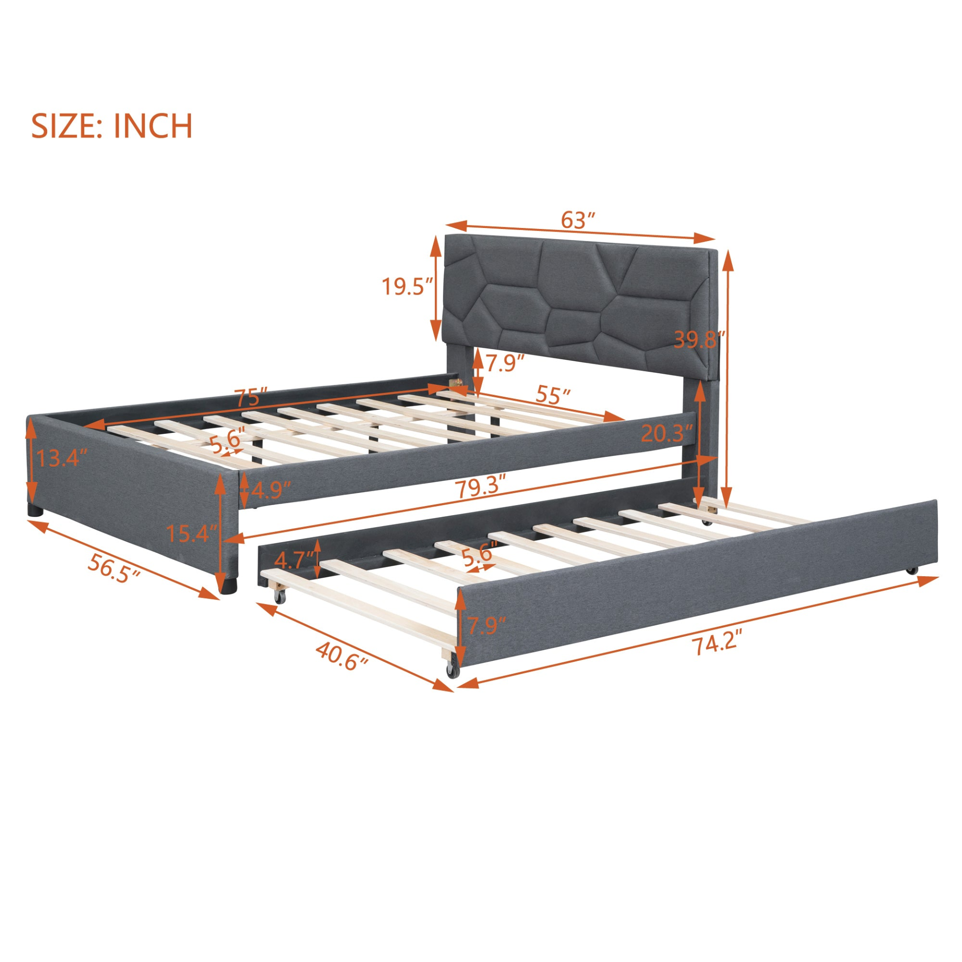 Start2Finish upholstered platform bed with brick pattern headboard, linen fabric, and built-in trundle for versatile sleeping options.