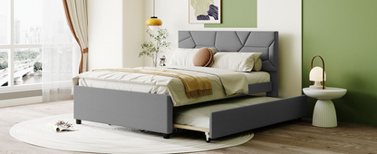 Upholstered platform bed with brick-patterned headboard and trundle, linen fabric, by Start2Finish.