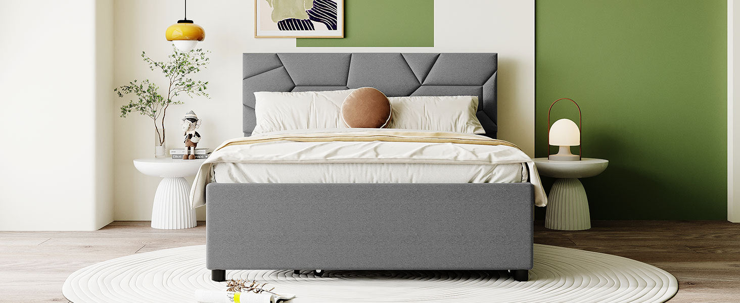 Start2Finish upholstered platform bed with brick-patterned headboard, linen fabric, and trundle for a stylish bedroom setup.
