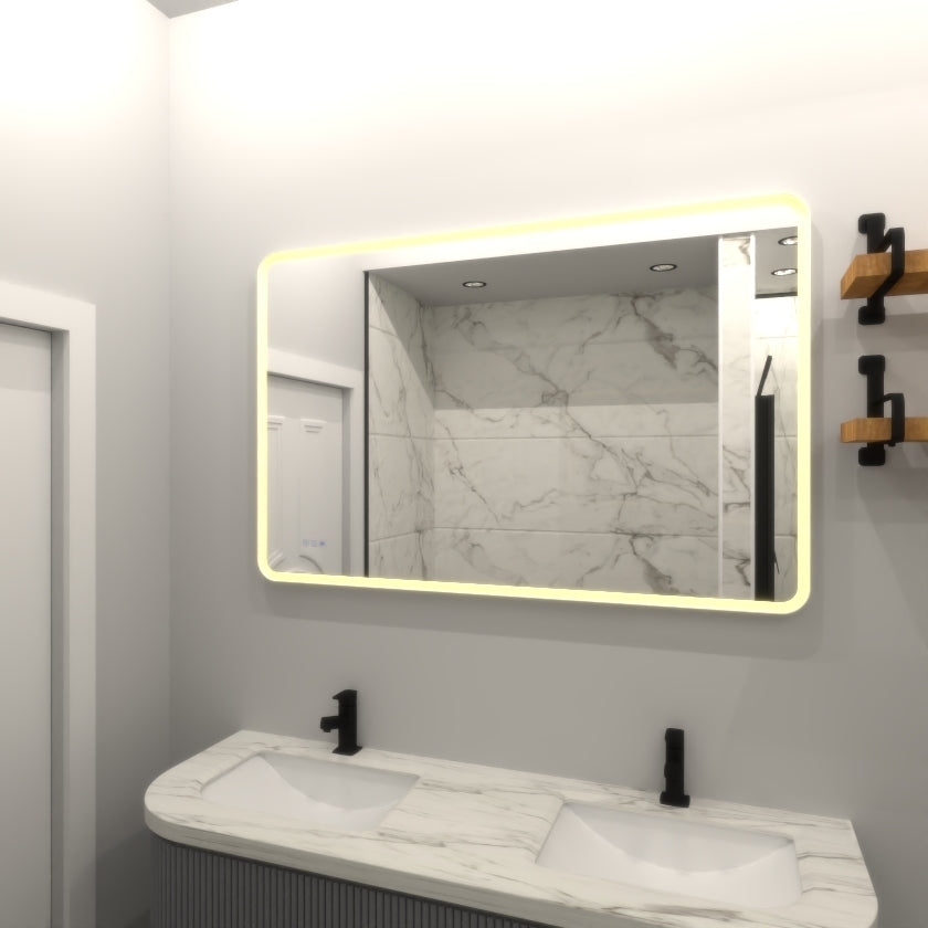 Rectangular framed dimmable LED bathroom vanity mirror with anti-fog feature, wall-mounted design, illuminated for modern bathrooms.