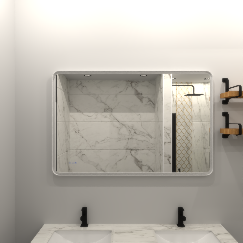 Rectangular framed dimmable LED bathroom vanity mirror with anti-fog feature, mounted on a wall, illuminated for clear visibility.