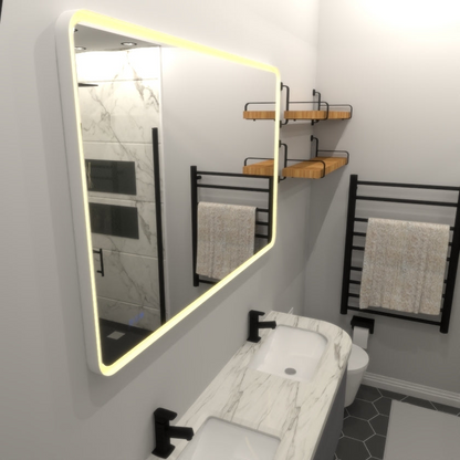 Rectangular framed dimmable anti-fog LED bathroom vanity mirror with built-in lighting and modern design, by Start2Finish.