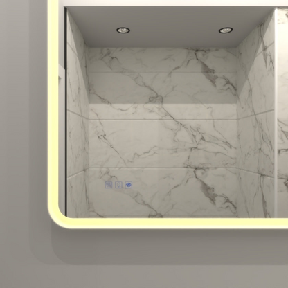 Rectangular framed dimmable anti-fog LED bathroom vanity mirror with built-in lighting and modern design, by Start2Finish.