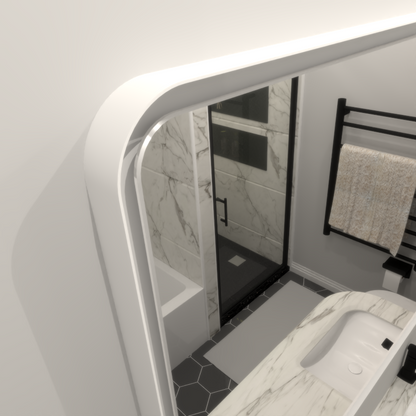 Rectangular framed dimmable LED bathroom vanity mirror with anti-fog feature and sleek design by Start2Finish.