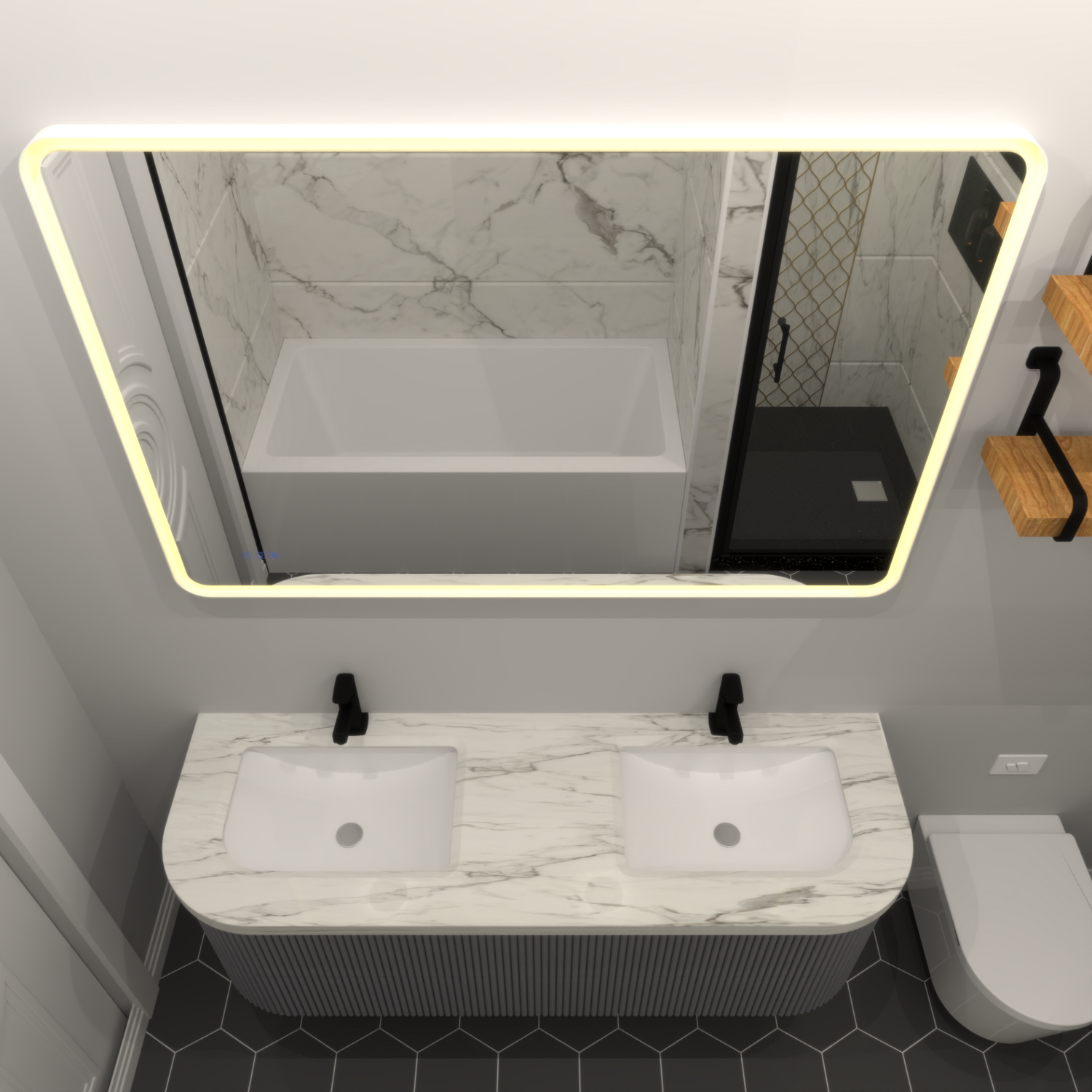 Rectangular framed dimmable anti-fog LED bathroom vanity mirror with built-in lighting, designed by Start2Finish.
