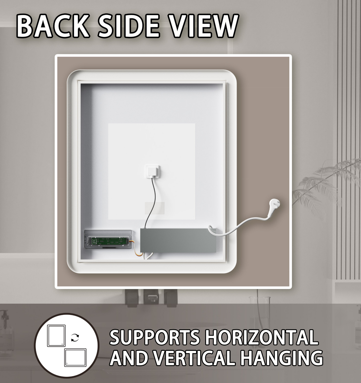 Rectangular framed dimmable anti-fog LED bathroom vanity mirror with built-in lighting, by Start2Finish, mounted on a bathroom wall