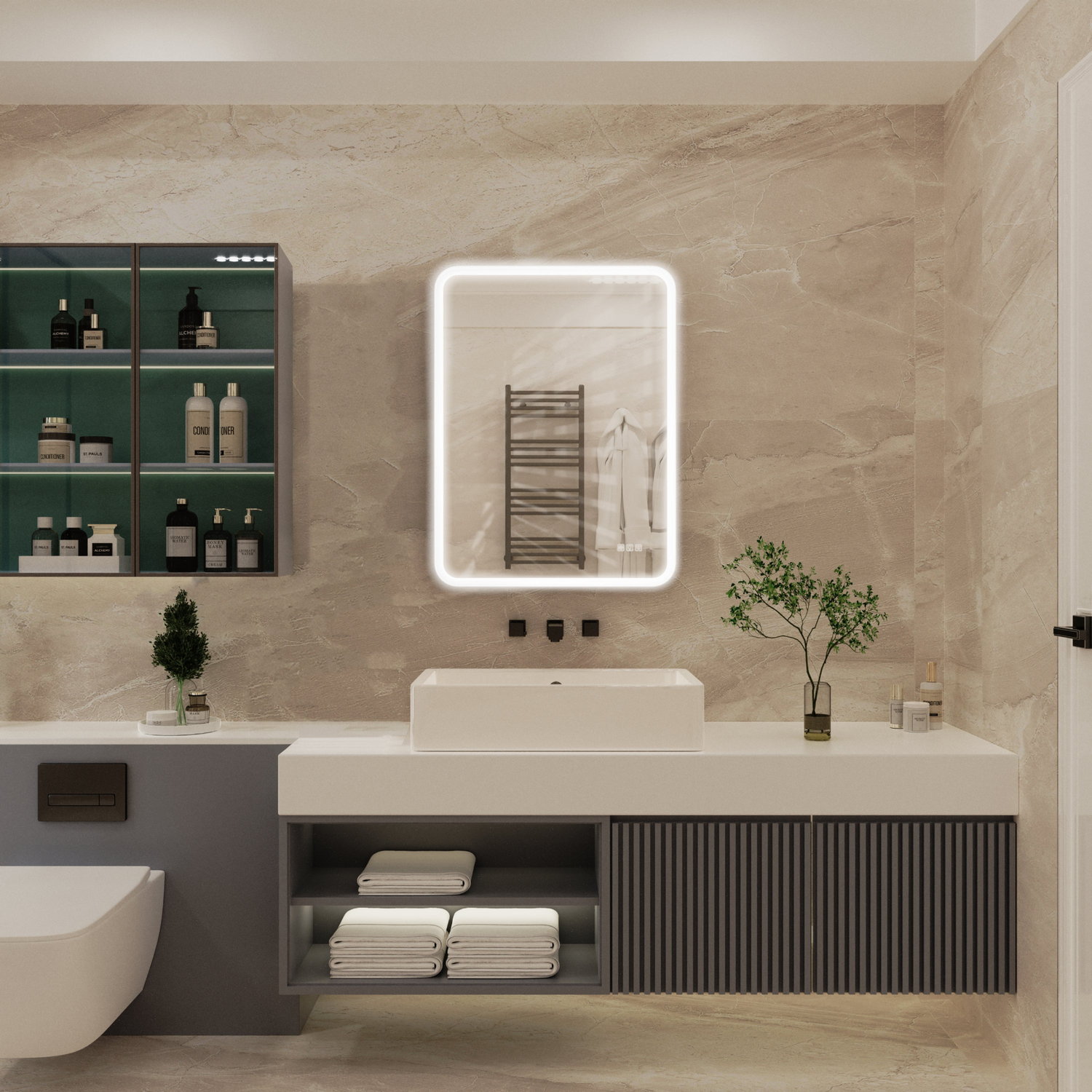 Rectangular framed dimmable anti-fog LED bathroom vanity mirror with built-in lighting and modern design, by Start2Finish