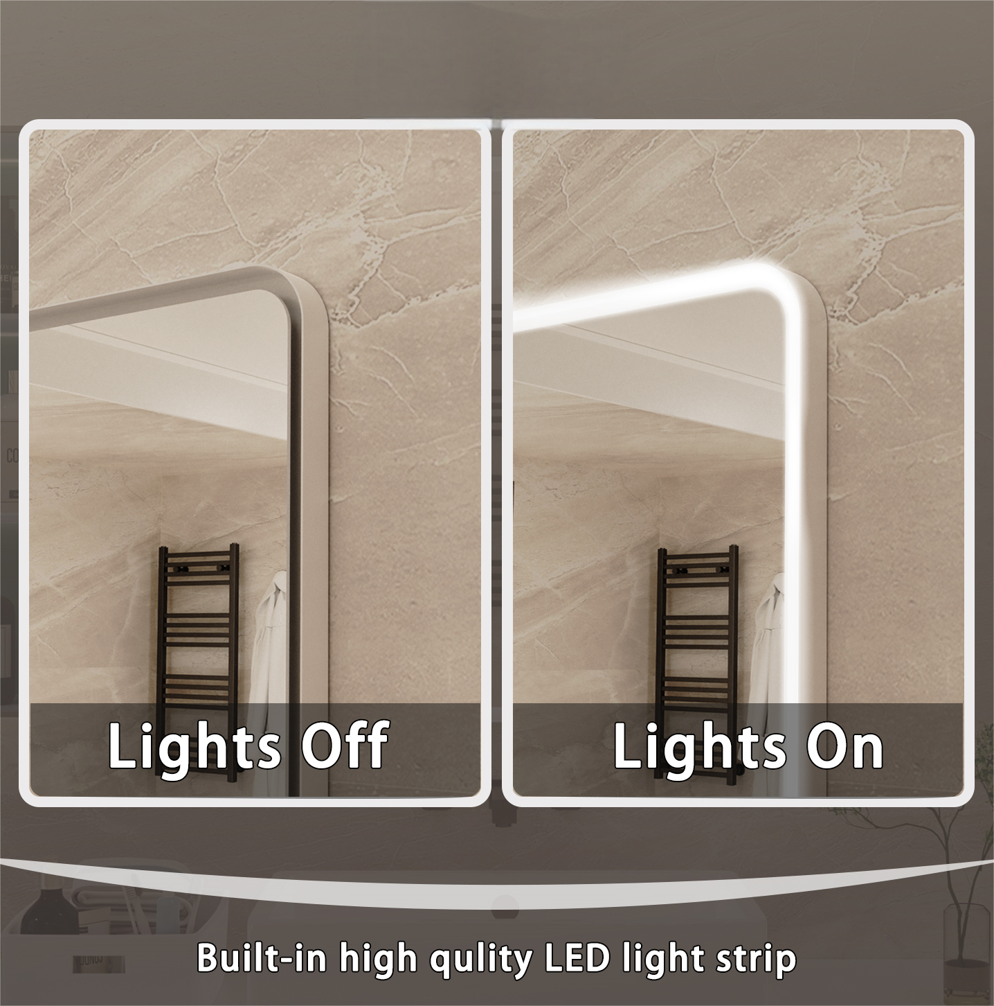 Rectangular framed dimmable LED bathroom vanity mirror with anti-fog feature, wall-mounted, by Start2Finish.