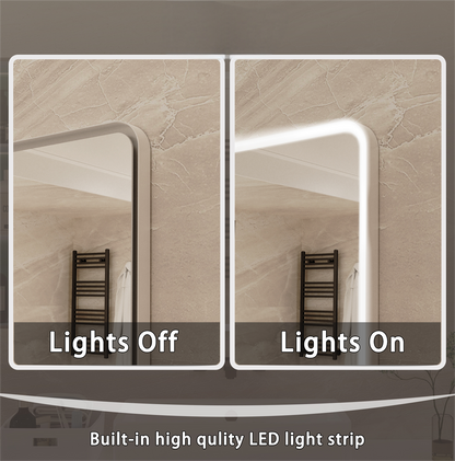 Rectangular framed dimmable LED bathroom vanity mirror with anti-fog feature, wall-mounted, by Start2Finish.