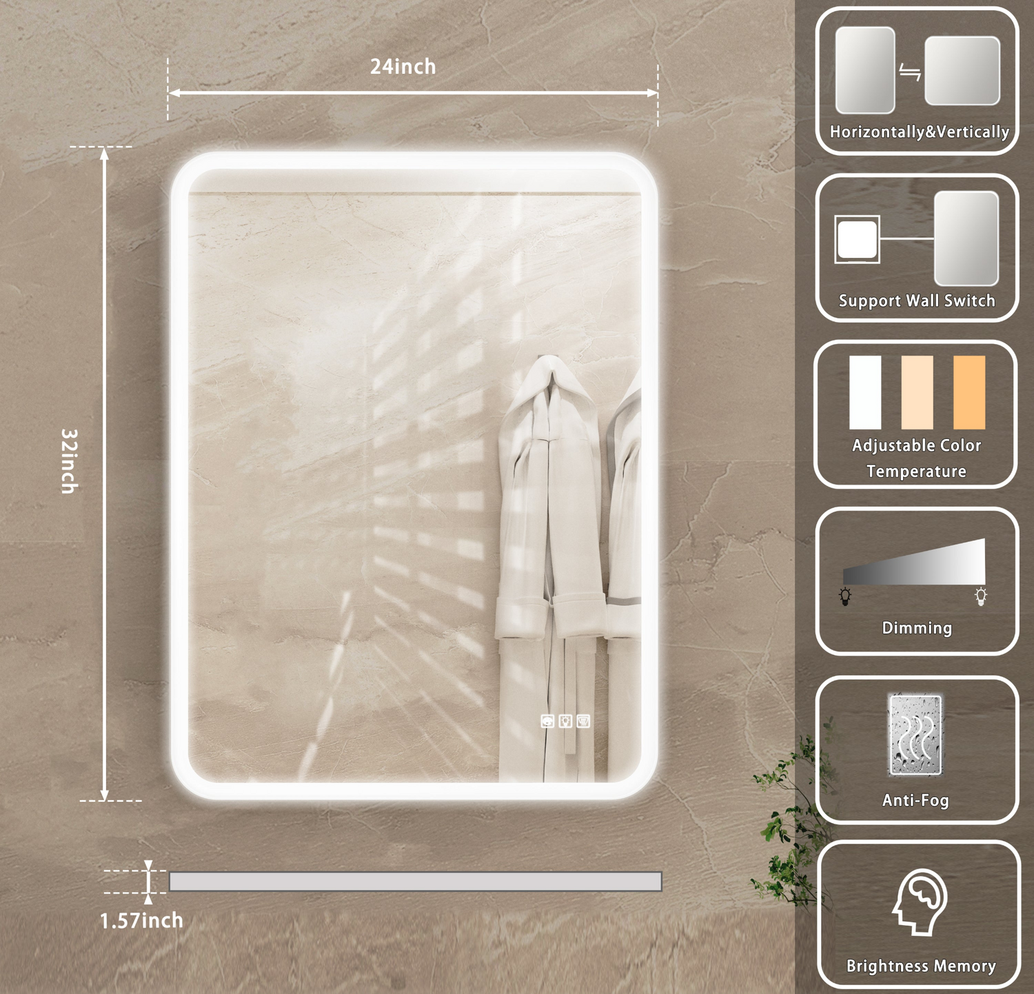 Rectangular framed dimmable LED bathroom vanity mirror with anti-fog feature, wall-mounted lighting from Start2Finish.
