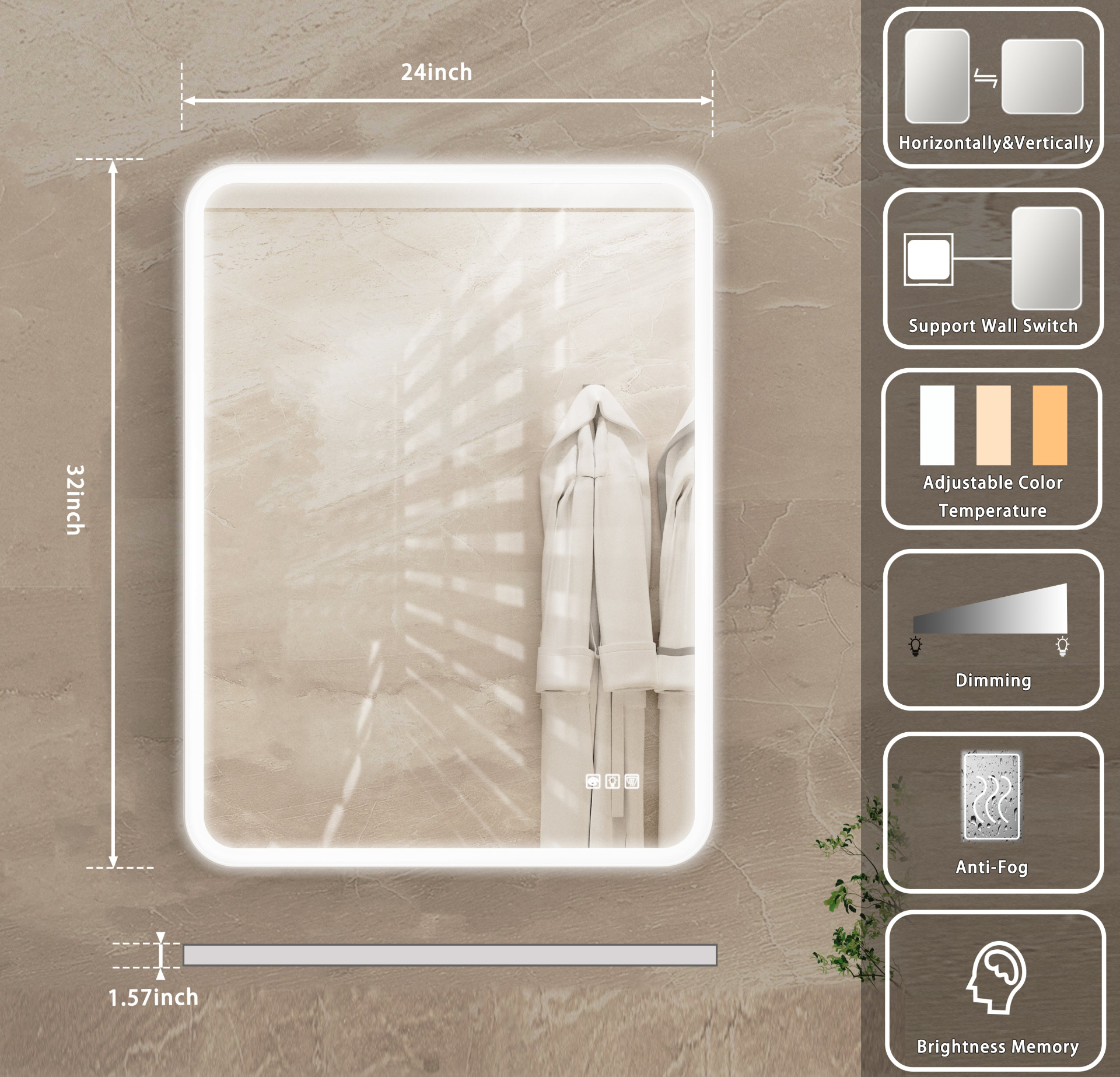 Rectangular framed dimmable LED bathroom vanity mirror with anti-fog feature, wall-mounted lighting from Start2Finish.