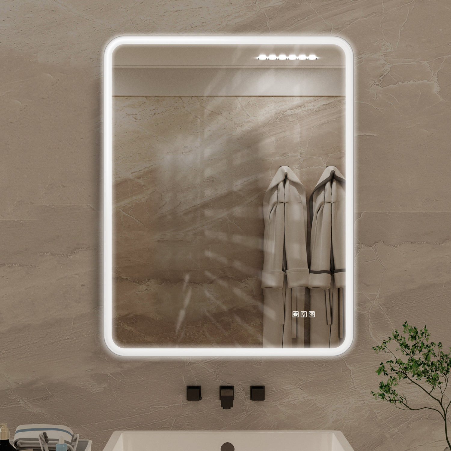 Rectangular framed dimmable LED bathroom vanity mirror with anti-fog feature, wall-mounted by Start2Finish.