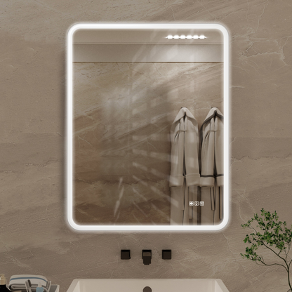 Rectangular framed dimmable LED bathroom vanity mirror with anti-fog feature, wall-mounted by Start2Finish.