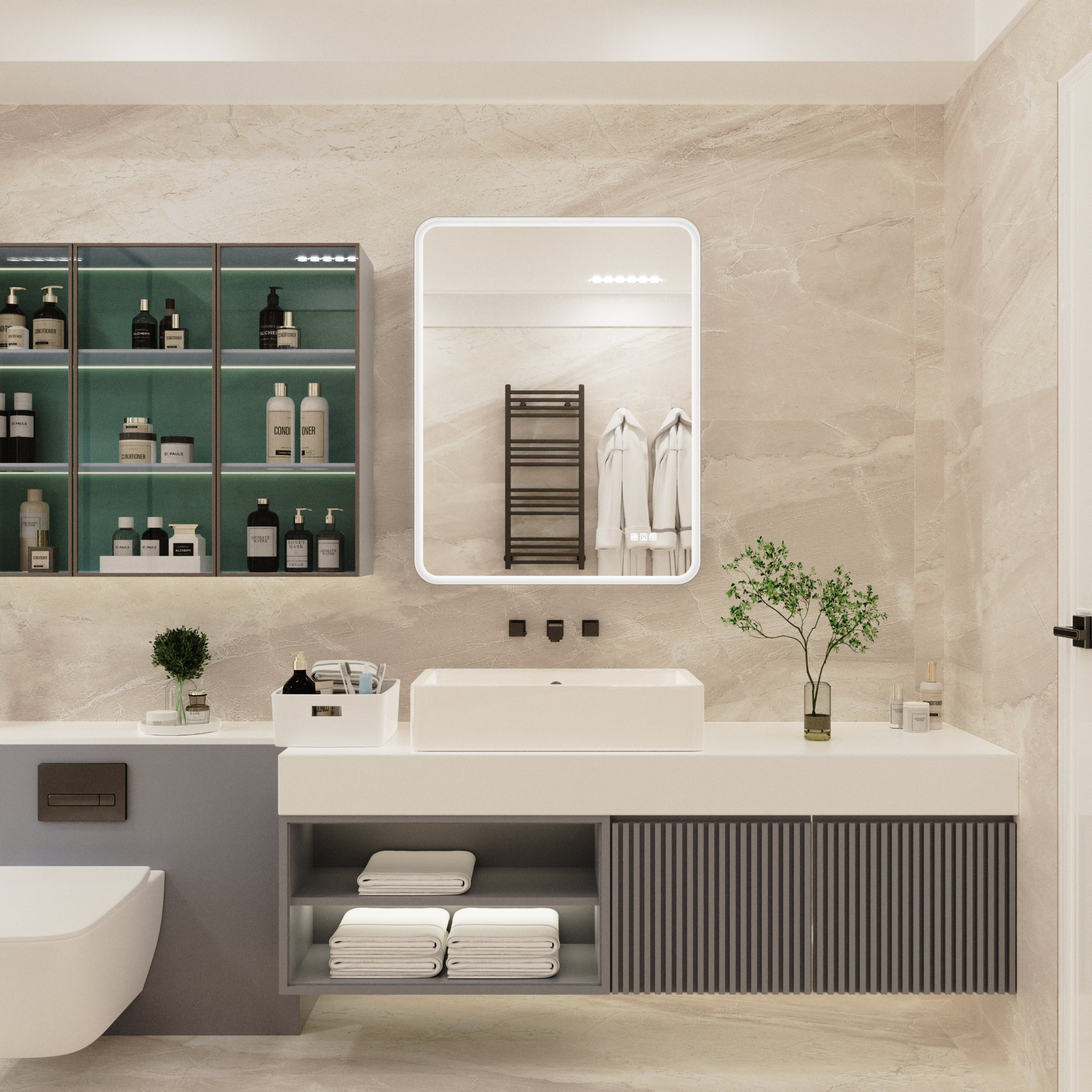 Rectangular framed dimmable anti-fog LED bathroom vanity mirror with built-in lighting and sleek design
