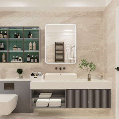 Rectangular framed dimmable anti-fog LED bathroom vanity mirror with built-in lighting and sleek design