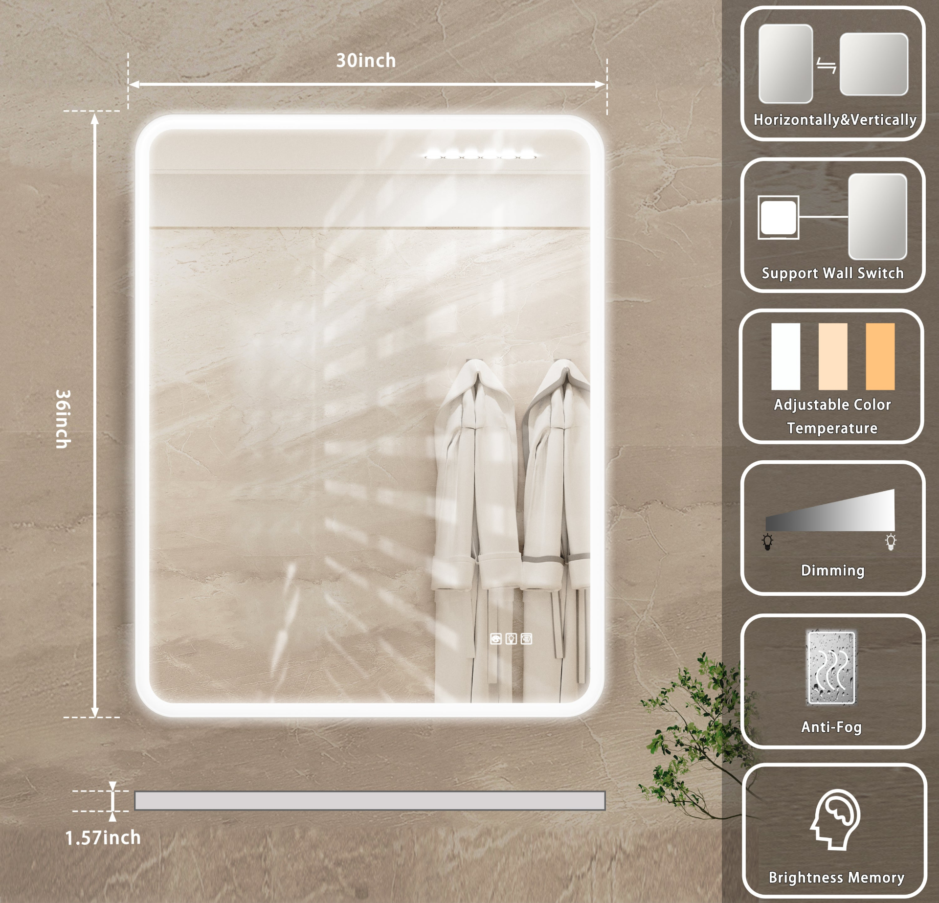 Rectangular framed anti-fog LED bathroom vanity mirror with dimmable lighting, wall-mounted for modern bathroom decor.