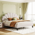 Upholstered platform bed with a flower pattern velvet headboard, showcasing elegant furniture design in a modern bedroom setting.