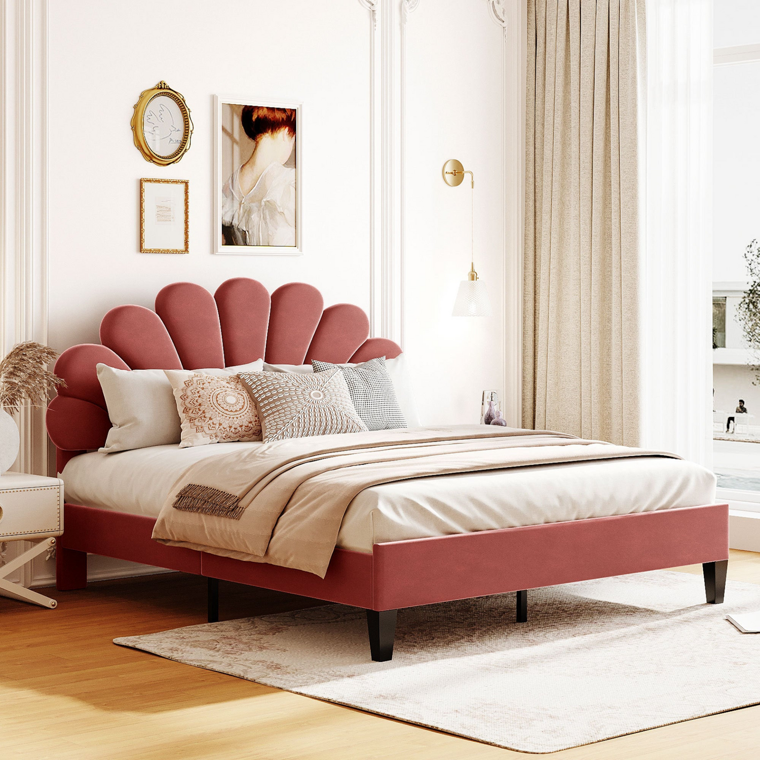 Upholstered platform bed with flower pattern velvet headboard and elegant design, showcasing a stylish bedroom furniture piece.
