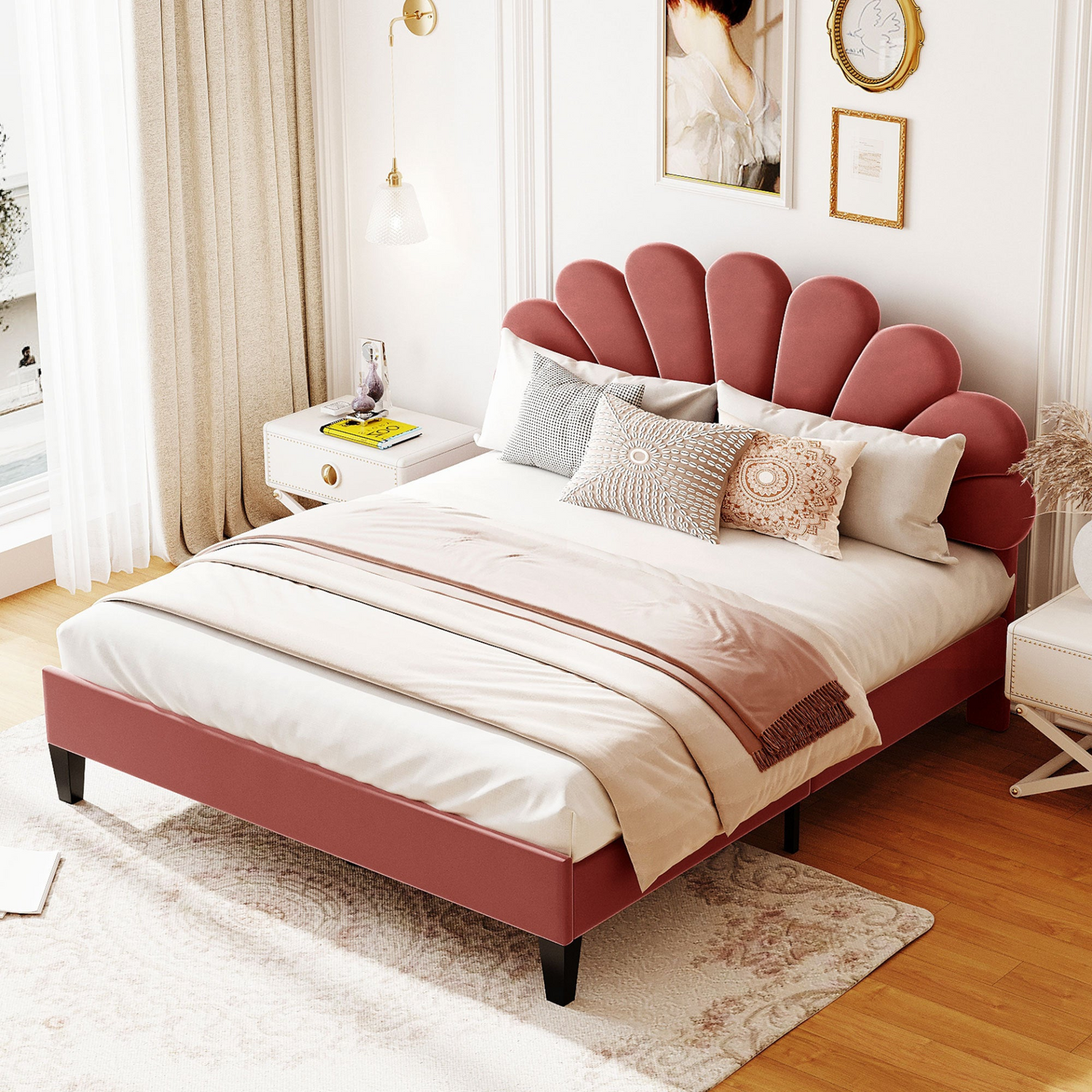 Upholstered platform bed with flower-patterned velvet headboard, elegant furniture piece in natural bedroom setting.